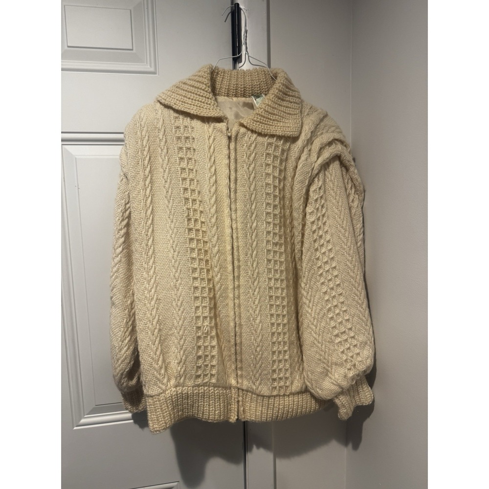 Branigan‎ Weavers Ireland Knit Wool Zip Up Lined Sweater Jacket Women's M Cream